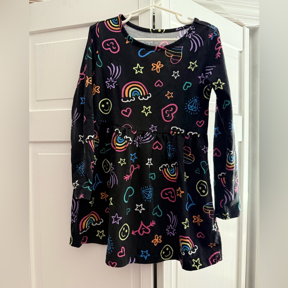 The Children's Place Black Dress with Colorful Patterns. Size Girls Small 5/6.